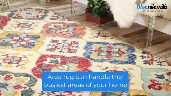 Geometric Floral Eclectic Durable Modern Colorful Bohemian Vintage Transitional Hand-Tufted Wool Indoor Area Rug or Runner by Blue Nile Mills, 2 of 7, play video