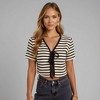 Knit & Lounge Women’s Striped Knit Crop Top Short Sleeves Front Tie Detail V-Neck Slim Fit Casual Pullover - 4 of 4