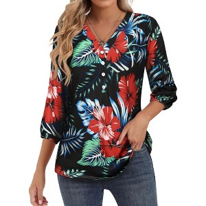 Nlife Women's Casual V Neck Floral Print 3/4 Length Sleeve Blouses Tropical Hawaiian Shirt Tops - 1 of 4
