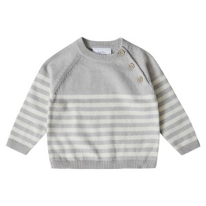 Stellou & Friends 100% Cotton Striped Infant Baby Long Sleeve Sweater with Shoulder Button Closure - 0-3 Months / Gray with White Stripes - 1 of 4