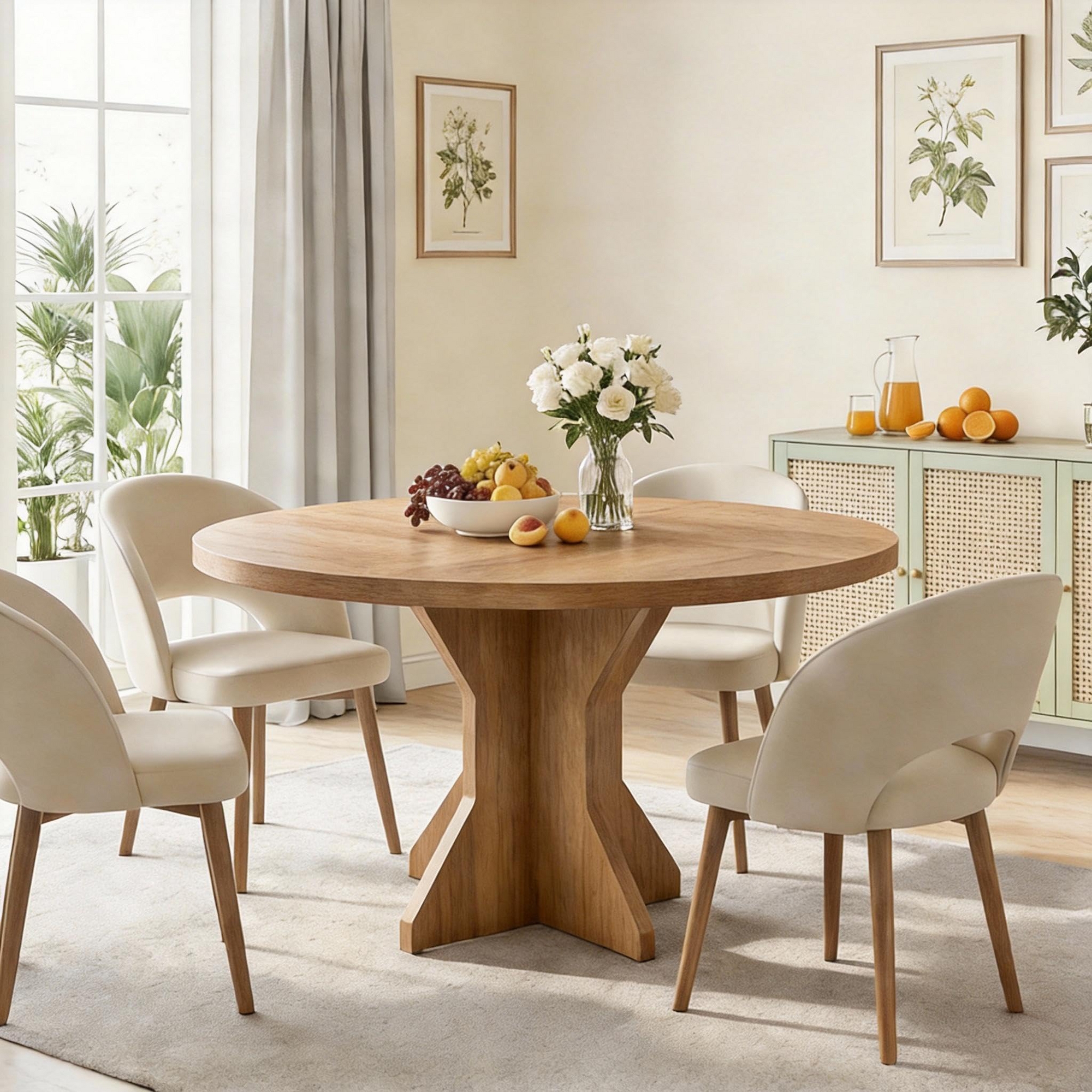 Round Dining Table, 47" Kitchen Table for 4-6 People, Circle Tables with Sturdy Pedestal Base, Space Saving Dinning Room Furniture for Living Room