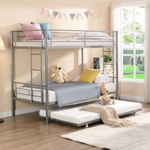 NicBex Twin Size Bunk Bed Metal Bed Frame with Trundle, Ladder and Full Length Guardrail, No Box Spring Required, Silver - 1 of 4