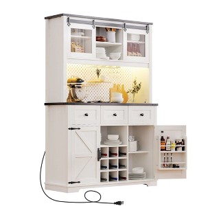 Farmhosue Sliding Door Pantry Bar Cabinet with USB Ports,71" Kitchen Cabinet with Hutch, Glasses Rack, Pegboard, Spice Rack,Wine & 3 Drawers - 1 of 4