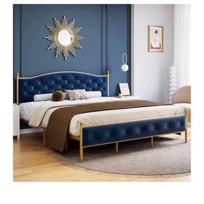 Blue Double bed Bed Frame With Solid Wooden Slats Support, Velvet Upholstered Platform Bed With Button Tufted Headboard, Heavy Duty Mattress Foundati