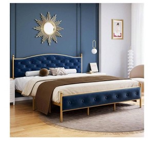 Blue Double bed Bed Frame With Solid Wooden Slats Support, Velvet Upholstered Platform Bed With Button Tufted Headboard, Heavy Duty Mattress Foundati - 1 of 4