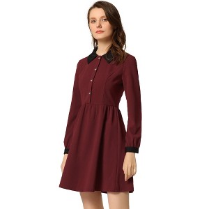 INSPIRE CHIC Women's Peter Pan Collar Contrast Half Placket Long Sleeve A-Line Party Flare Dresses - 1 of 4