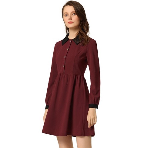 Allegra K Women's Vintage Peter Pan Collar Puff Short Sleeve Belted Shirt  Dress 