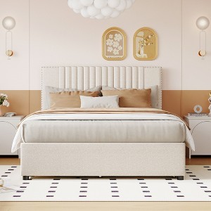 KTMBDW Full/Queen Size Bed Frame Upholstered Platform Bed with 2 Drawers and 1 Trundle, Fully Upholstered Mattress Foundation, No Box Spring Needed. - 1 of 4