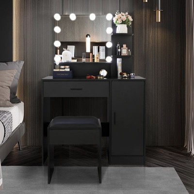 Karl Home | Black LED Makeup Vanity Set With Adjustable Lighting, Cushioned Stool, And Spacious Storage