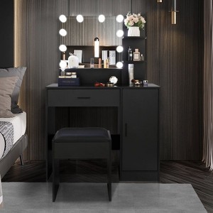 Karl Home | Black LED Makeup Vanity Set With Adjustable Lighting, Cushioned Stool, And Spacious Storage - 1 of 4