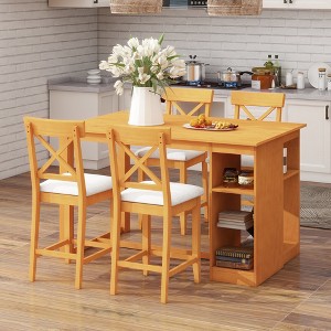 YOOCOZZ 5-Piece Farmhouse Counter Dining Set,  Solid Wood Table, 3-Tier Storage Shelves, 4 Upholstered Chairs - 1 of 4