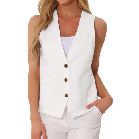 Allegra K Women's Linen Sleeveless V Neck Summer Button Down Vest White ...
