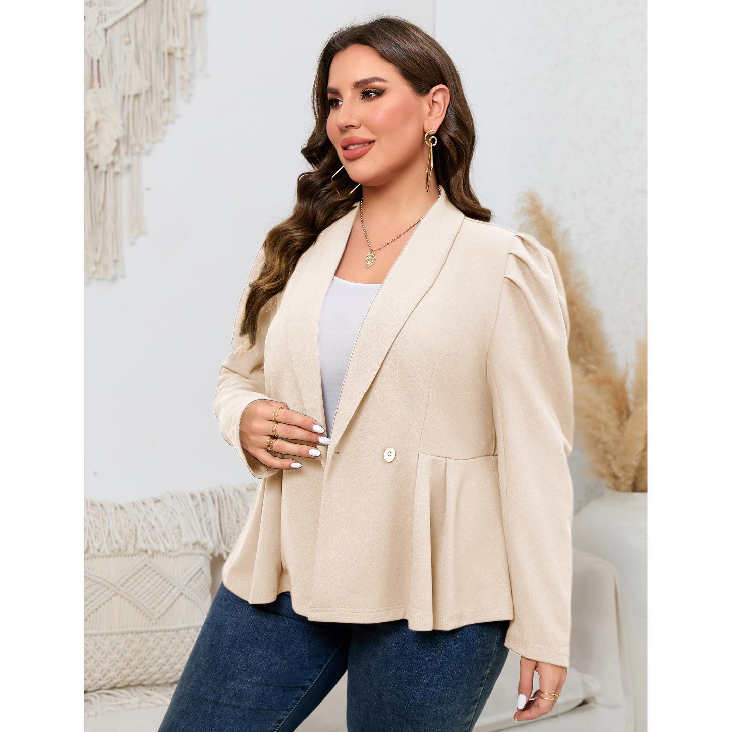 Женская куртка YesFashion Plus Size Peplum Blazer Jacket, Double Breasted Puff Shoulder Lapel Suit Coat, Curvy Fit Office Casual Outerwear Beige, цвет: Бежевый — фото 4