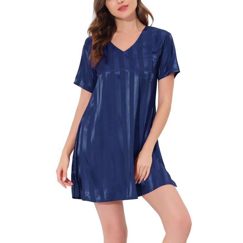cheibear Women's Short Sleeve Mini length Striped Pajama Dress, 2 of 6