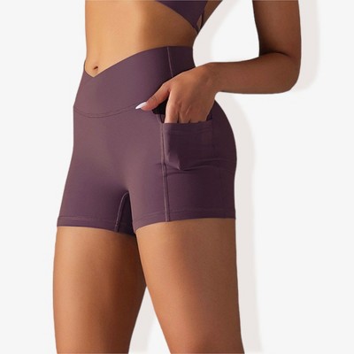 Anna-Kaci Active Women's V-Cross Front Wide Band Stretchy Side Pocket Detail Biker Shorts