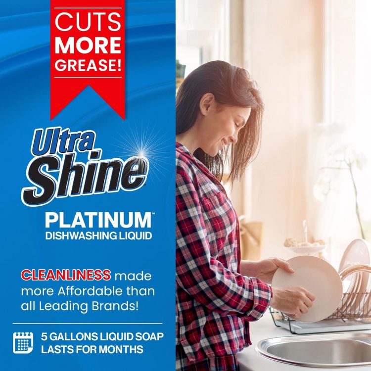 Ultra Shine ™ 3X Platinum ™ Dishwashing Liquid, 5 Gallon, Blue - Powerful Grease Remover Dish Cleaning Soap, 3 of 6