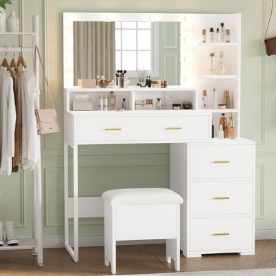 White Makeup Vanity Desk with Mirror, 5 Drawers and Shelves