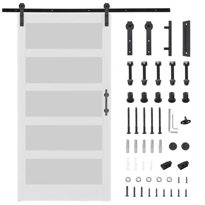 Karl Home 30 in. x 84 in. 5 Lite Tempered Frosted Glass White Primed Glass Sliding Wood Barn Door with Hardware Kit