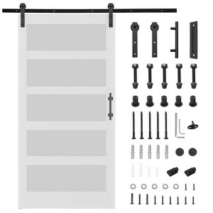 Karl Home 30 in. x 84 in. 5 Lite Tempered Frosted Glass White Primed Glass Sliding Wood Barn Door with Hardware Kit - 1 of 4