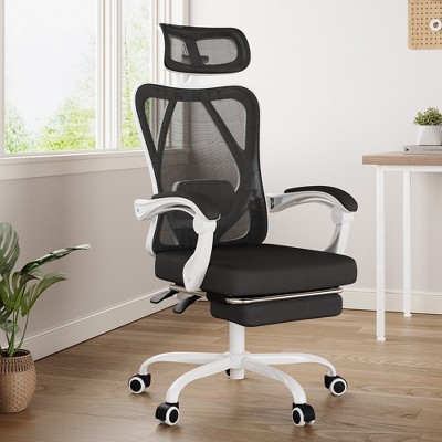 Lirago Mesh Office Chair w/Footrest - High Back, Adjustable Headrest & Lumbar - Black