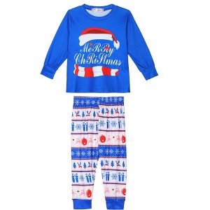 cheibear Christmas Cute Letters Print Long Sleeve Tee with Pants Loungewear Family Pajama Sets Blue - 1 of 4