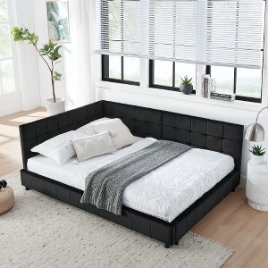 Lyngins Mid-Century Full Daybed Frame, Velvet Upholstered Sofa Bed Frame, Sturdy Eucalyptus Wood, Beds with Headboards, for Bedroom & Living Room - 1 of 4