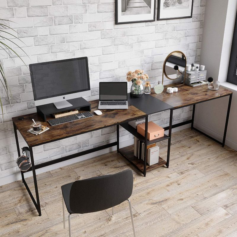 Bestier Industrial Customizable L Shaped Corner or Long Home Office Study Desk w/ Adjustable Shelf, Adaptable Design, Monitor Stand, Rustic Brown, 5 of 6