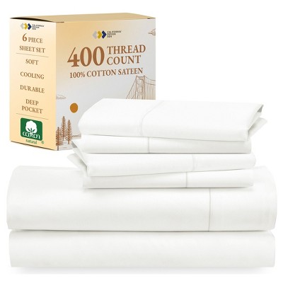 6 Piece Sheet Set with 4 Pillowcases - 400 Thread Count 100% Cotton Sateen - Deep Pocket by California Design Den