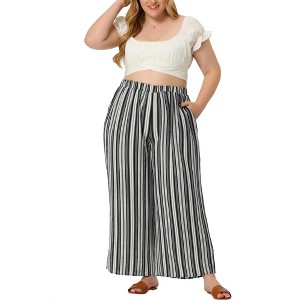 Agnes Orinda Women's Plus Size Boho Palazzo Elastic Waist Stripe Wide Leg Lounge Pants with Pocket - 1 of 4