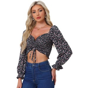 Allegra K Women's Smocked Floral Sweetheart Neck Drawstring Front Puff Sleeve Summer Crop Top - 1 of 4