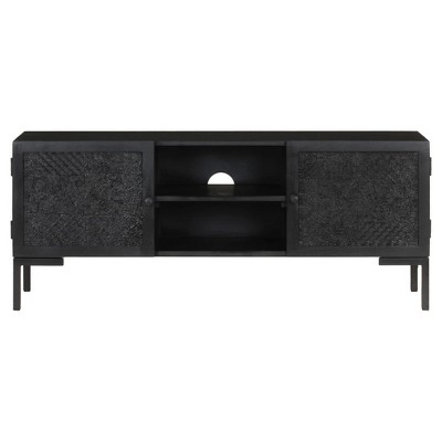vidaXL Solid Wood TV Stand with Two Shelves and Doors, Powder Coated Steel Frame, Black Finish, Industrial Style, Size: 45.3"x11.8"x18.1"