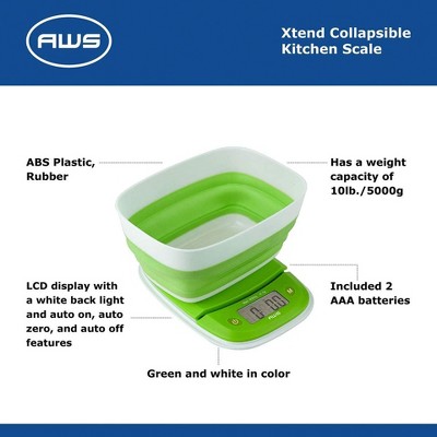 Compact White and Green Digital Kitchen Scale with Collapsible Bowl