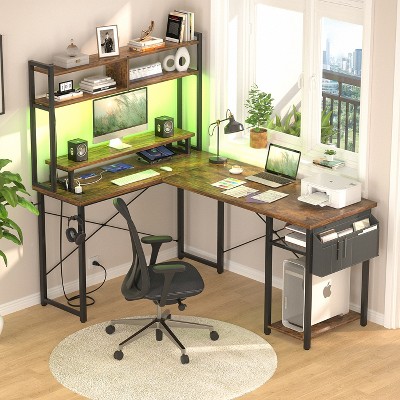 Aheaplus L Shaped Desk with Charging Staion and LED Light, Corner Desk with Hutch and Monitor Stand