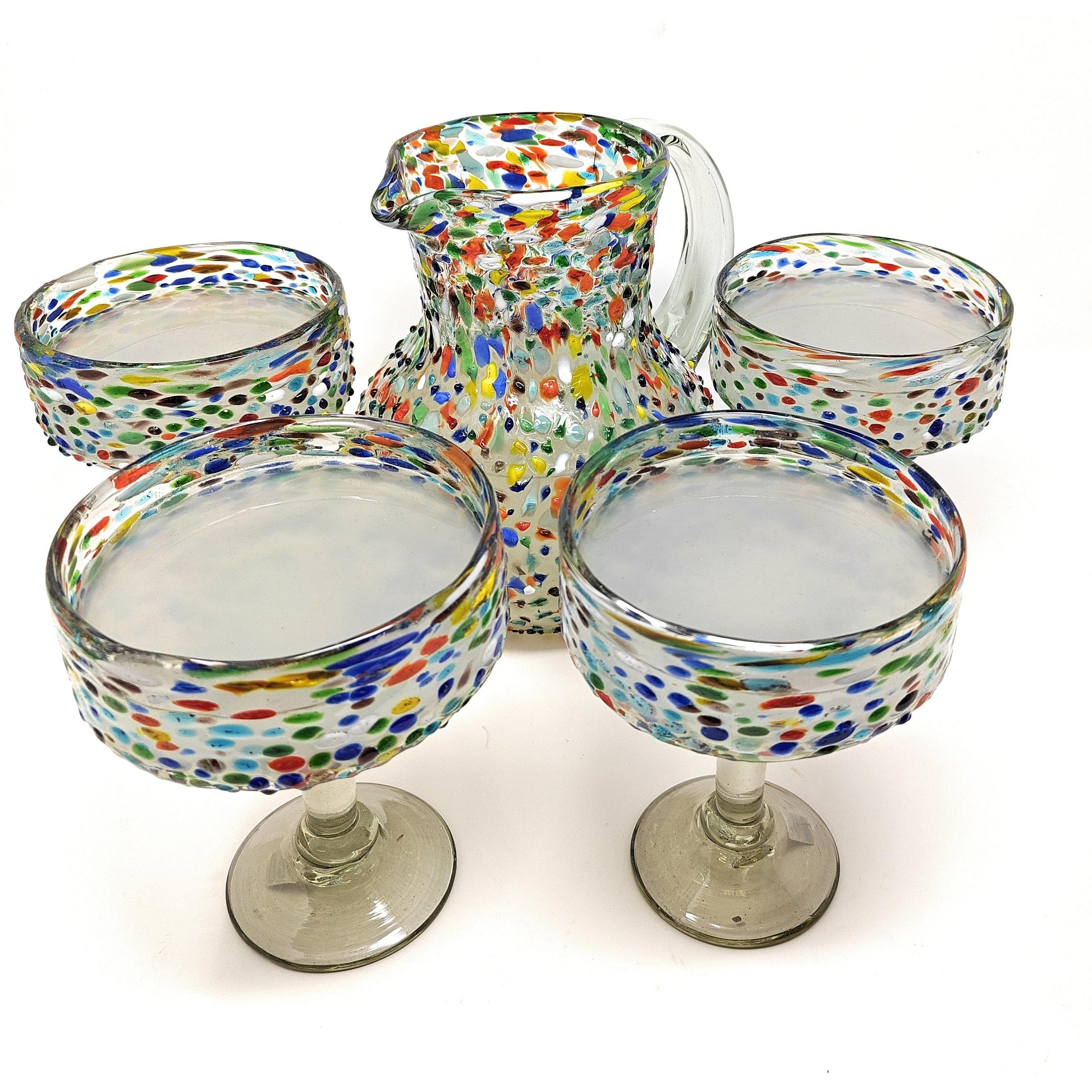 Dos Sueños Mexican Hand Blown Glassware Combo Set - Confetti Rock Design Pitcher and Margarita Glasses