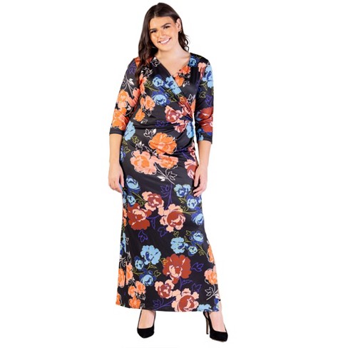 24seven Comfort Apparel Plus Size Black Floral Three Quarter Sleeve Side Slit Maxi Dress - image 1 of 3