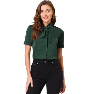 Allegra K Women's Work Tie Neck Short Sleeve Satin Elegant Button Down Shirt - 1 of 4