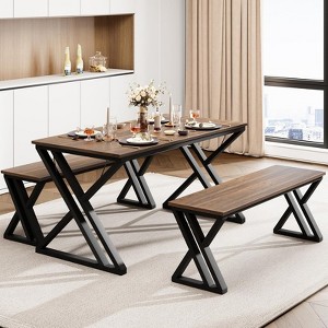3-Piece Retro Brown Dining Set | Rectangular Table + 2 Upholstered Benches (Seats 4) | Chamfered Metal Frame for Small Kitchens/Apartments - 1 of 4