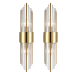 Claxy Modern Gold Metal Wall Sconce with Beautiful Crystal Clear Glass Rods for Bathroom Set of 2 - 1 of 4