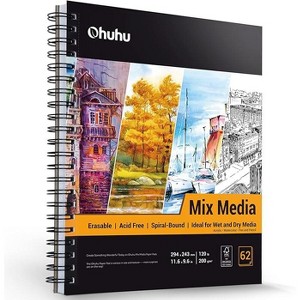 Ohuhu Mixed Media Paper Pad: 11.6"x9.6" Mix Media Sketchbooks, 120 LB/200 GSM Heavyweight Papers, 62 Sheets/124 Pages, Spiral Bound Art Sketchbook - 1 of 4