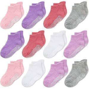 CozyWay Non-Slip Ankle Style Socks with Grippers, 12 Pack for Baby Boys and Girls, 3-5 Years - Pink/Purple/White/Red/Gray - 1 of 4