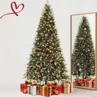 6 FT/7.5 FT/9 FT Snow Flocked Christmas Tree with 450 Warm Lights-8 Modes Prelit Christmas Trees with Pine Cone & Gloves