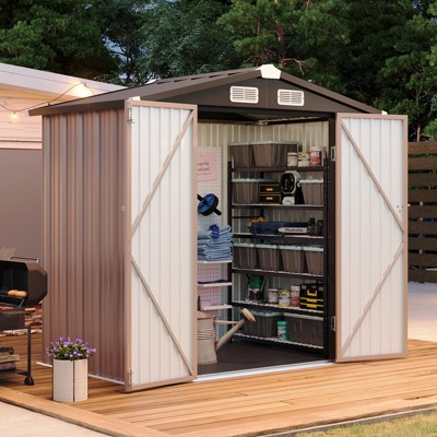Aoxun 6x4 ft Outdoor Storage Shed with Floor ¨C Galvanized Steel, Double Doors & Ventilation, Ideal for Bikes, Tools, and Generators ¨C Brown