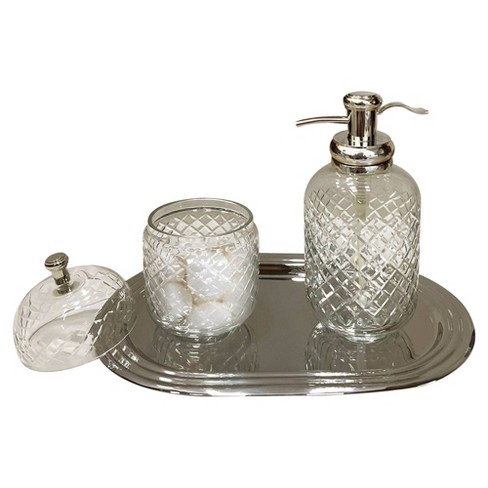 SET (3) HEAVY Crackle GLASS Silver METAL LID BATHROOM VANITY