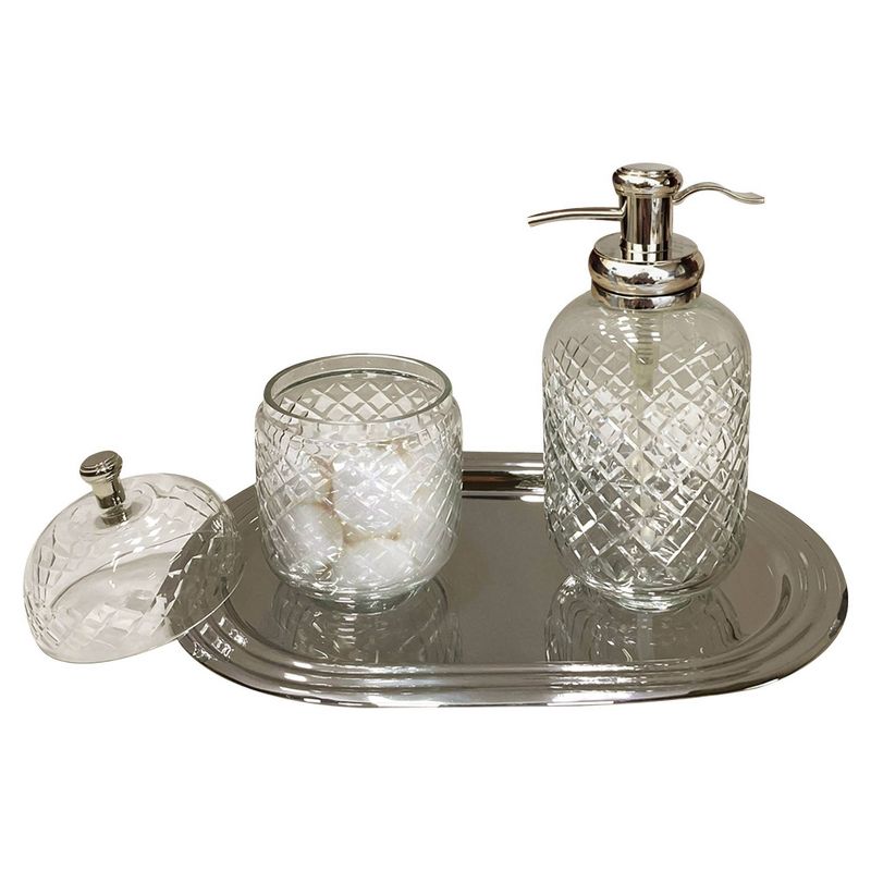 Set of 3 Emory Glass &#38; Chrome Soap Pump &#38; Q-tip Jar set with Vanity Tray Metallic Silver - Nu Steel, 1 of 10