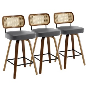 Bekrvio Swivel Counter Height Bar Stools - 26" Faux Leather Upholstered with Rattan Back,Ideal for Kitchen Island - 1 of 4