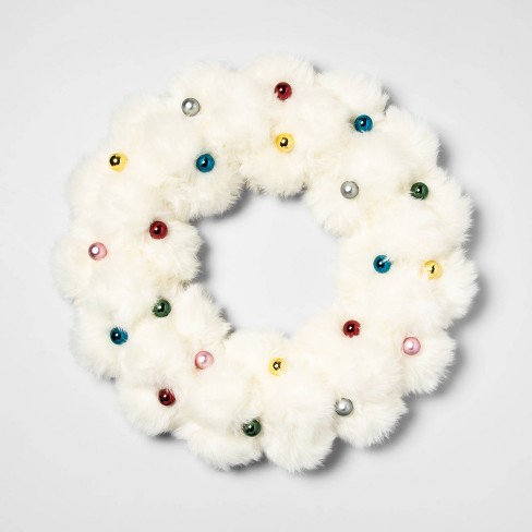 18 Christmas Pom Pom Wreath With Ornaments White Opalhouse