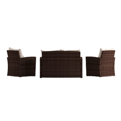 Brown and Beige 4-Piece Rattan Patio Set with Cushions