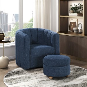 Boucle Upholstery Solid Wood Swivel Modern Accent Chair with Ottoman, Foam Padding, Attached Cushions, 360-Degree Swivel - 1 of 4