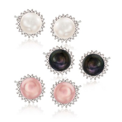 Ross-Simons 7-7.5mm Multicolored Cultured Pearl and .39 ct. t.w. Diamond Jewelry Set: 3 Pairs Of Earrings in Sterling Silver