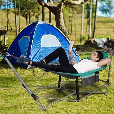 Turquoise Folding Hammock with Iron Stand and Side Pocket